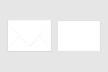 White closed envelope and flat card mockup template for your design or business. Euro flap luxury mailing envelope with greeting card for wedding, invitations, graduation, birthday, party.