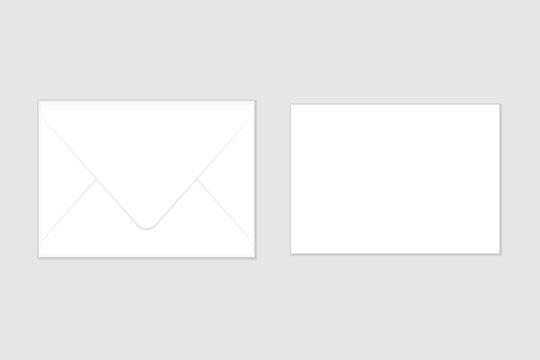 White closed envelope and flat card mockup template for your design or business. Euro flap luxury mailing envelope with greeting card for wedding, invitations, graduation, birthday, party.