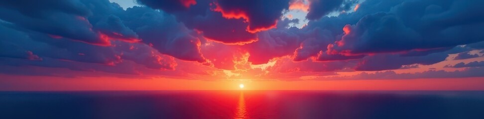 Fiery orange sun dips below a vibrant blue twilight sky , screen, art, background