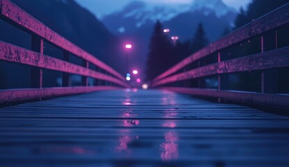 Wooden bridge at dusk, vibrant colors