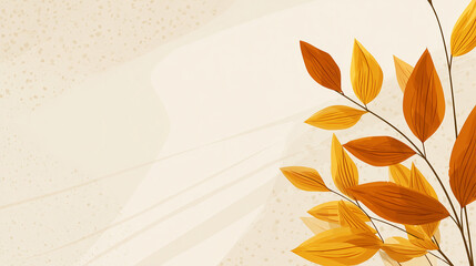 flat design illustration of elegant orange and gold autumn leaves in the bottom left corner, cream pastel background - thanksgiving greeting card