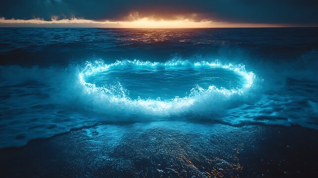 Mystical ocean portal at twilight: A serene coastal scene with luminous waves