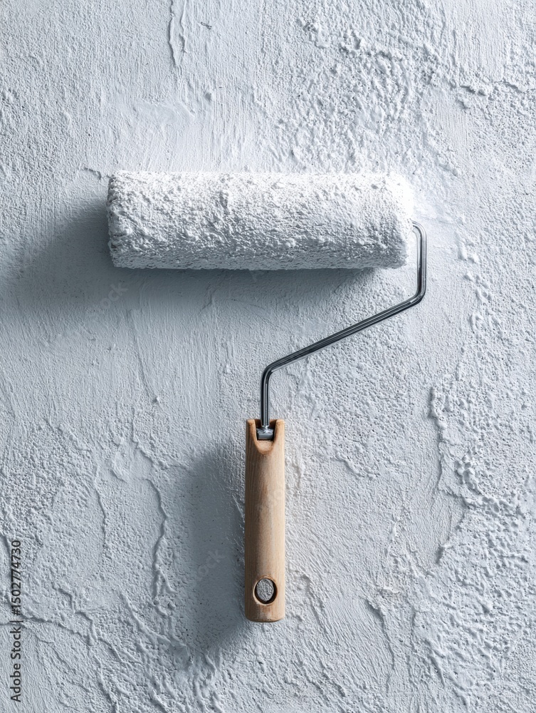 Poster Preparing to Paint a Concrete Wall With Primer Using a Paint Roller in a Bright Setting