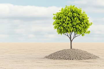 Single Green Tree Growing in Sandy Desert Under Partly Cloudy Sky