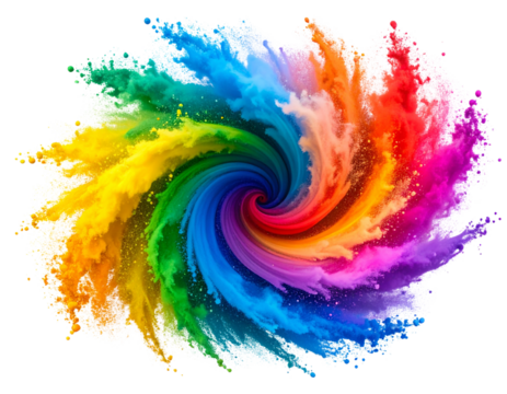 Twisted spiral of rainbow color powder in mid-air energetic dance element isolated on transparent background PNG