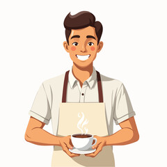 Flat vector illustration of a pleasant young male barista in apron with coffee