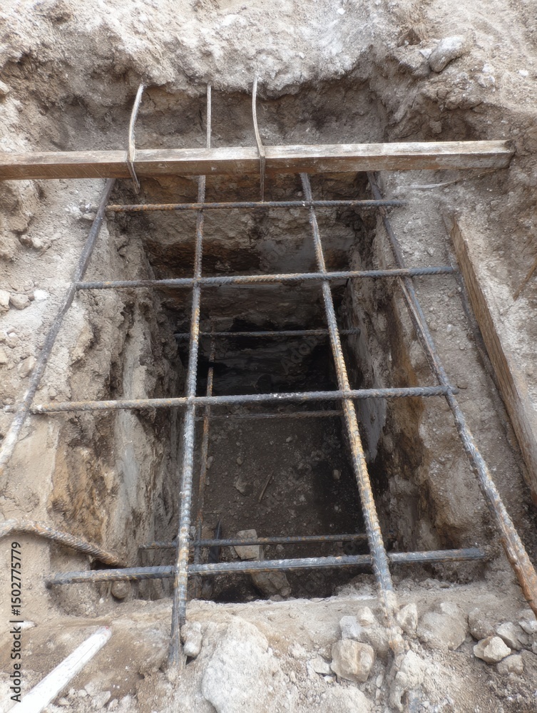 Aufkleber excavation pit showing reinforcing bars and open margins above in construction site during daytime