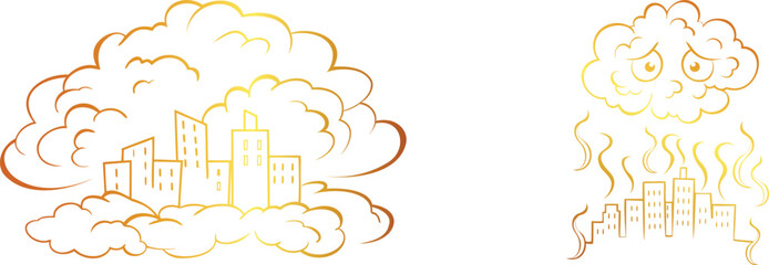 Set of golden Air Pollution Line Art Vector Design | Environmental Smoke and Factory Emission Illustration