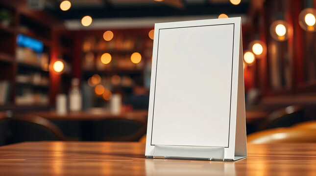 Mock up Blank menu card table tent on blurred cafe bar background