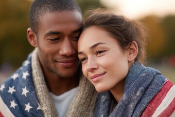 Fototapeta premium Cozy couple wrapped in American flag blanket, sharing warmth and
