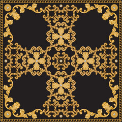 Vector scarf, bandana print from gold baroque scrolls, pearls, golden frames on a black background