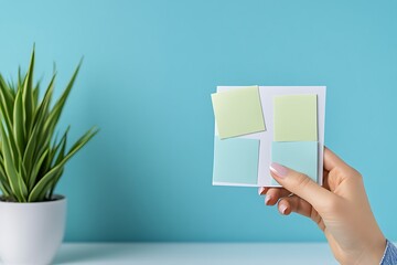 Person holding a sticky note pad with blank squares for notes and tasks, next to a potted plant and blue wall