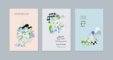 Set of creative floral art posters or cards. Hand Drawn textures. Wedding, anniversary, birthday, Valentin's day, party invitations, covers