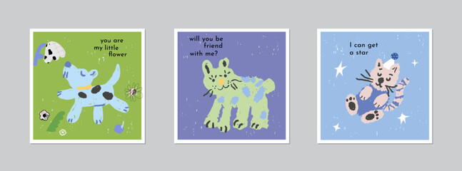 Hand drawn fun background with dog, cat