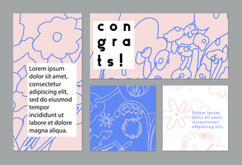 Set of creative floral art posters or cards. Hand Drawn textures. Wedding, anniversary, birthday, Valentin's day, party invitations, covers