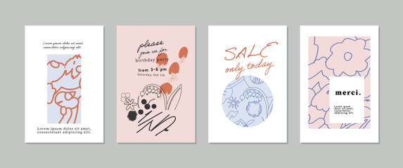 Set of creative floral art posters or cards. Hand Drawn textures. Wedding, anniversary, birthday, Valentin's day, party invitations, covers