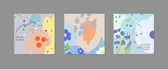 Set of creative floral art posters or cards. Hand Drawn textures. Wedding, anniversary, birthday, Valentin's day, party invitations, covers