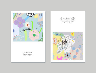 Set of creative floral art posters or cards. Hand Drawn textures. Wedding, anniversary, birthday, Valentin's day, party invitations, covers
