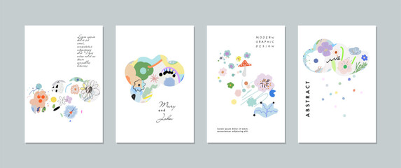 Set of creative floral art posters or cards. Hand Drawn textures. Wedding, anniversary, birthday, Valentin's day, party invitations, covers