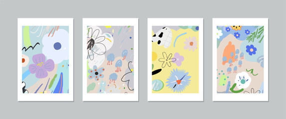 Set of creative floral art posters or cards. Hand Drawn textures. Wedding, anniversary, birthday, Valentin's day, party invitations, covers