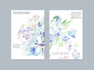 Set of creative floral art posters or cards. Hand Drawn textures. Wedding, anniversary, birthday, Valentin's day, party invitations, covers