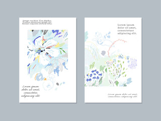 Set of creative floral art posters or cards. Hand Drawn textures. Wedding, anniversary, birthday, Valentin's day, party invitations, covers