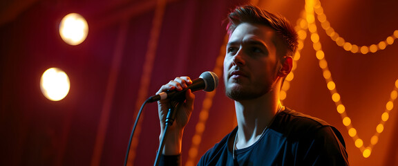 Singer performing live under spotlights