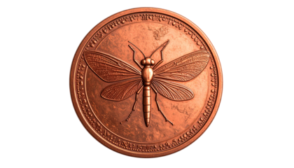 Aged embossed copper coin, featuring a firefly with glowing wings, fantasy insect design, realistic embossed copper coin, no text, --raw Isolated on solid white Background Png