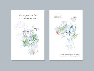 Set of creative floral art posters or cards. Hand Drawn textures. Wedding, anniversary, birthday, Valentin's day, party invitations, covers