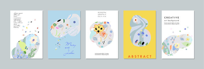Set of creative floral art posters or cards. Hand Drawn textures. Wedding, anniversary, birthday, Valentin's day, party invitations, covers