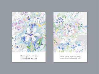 Set of creative floral art posters or cards. Hand Drawn textures. Wedding, anniversary, birthday, Valentin's day, party invitations, covers