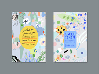 Set of creative floral art posters or cards. Hand Drawn textures. Wedding, anniversary, birthday, Valentin's day, party invitations, covers