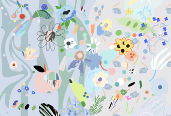 Creative universal floral background. Modern graphic design. Hand Drawn textures. Ideal for web, card, poster, cover, invitation, brochure. Vector