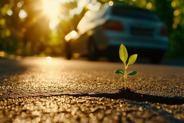Resilient green plant sprouting through cracked asphalt road with sunlit glow, symbolizing hope, perseverance, and urban nature