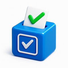 3D Voting Ballot Box Icon with Green Checkmark, Election and Approval Symbol, Secure Voting Concept