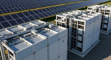 Solar farm with battery storage and photovoltaic panels generating power