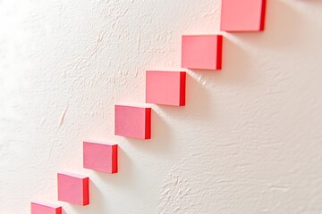 Pink sticky notes forming a staircase on a textured wall, symbolizing progress and ascent