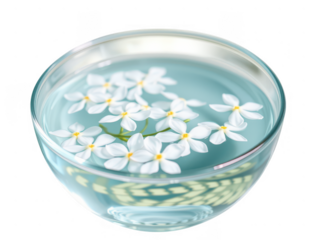 White flowers floating in glass bowl isolated on transparent background