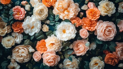 Elegant Floral Arrangement: Peach and White Roses on Dark Background