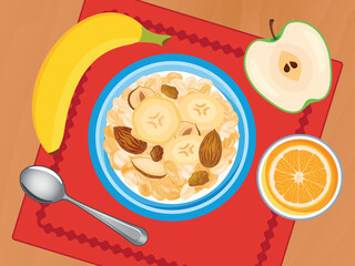 Healthy breakfast with oatmeal, nuts, apple, banana top view vector illustration. Breakfast cereal and orange juice on a wooden table above view vector. Healthy snack on the table drawing