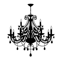 Elegant black silhouette chandelier isolated on transparent background