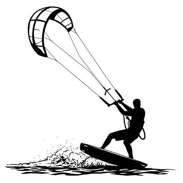 Kitesurfer silhouette action pose isolated on transparent background