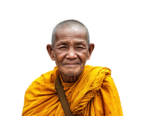 Smiling Thai monk in orange robe, radiating warmth and wisdom against transparent background. His serene expression reflects life of peace and spirituality