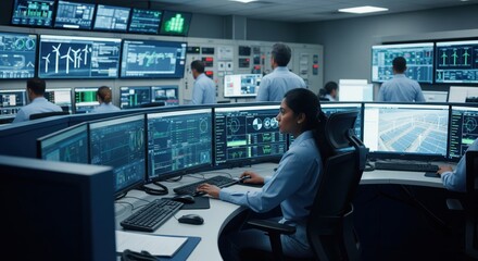 Control room for energy grid monitoring and management shows advanced technology operation