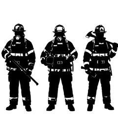 Three firefighters silhouettes teamwork safety isolated on transparent background
