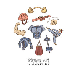 Strong set. Isolated elements on chalkboard background. Symbol collection.