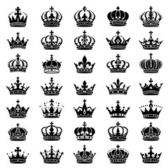 Obraz premium Thirty six black crown icons set isolated on transparent background