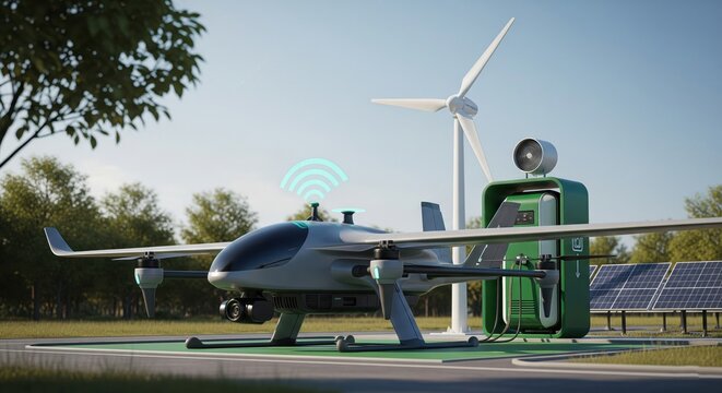 Future of Air Transport: Drone and Green Energy Infrastructure Concept