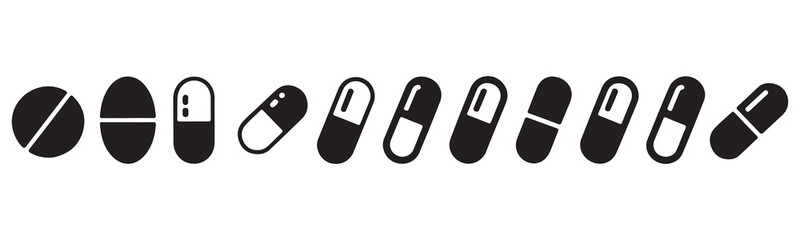 A clean and modern illustration of various pill and capsule shapes.