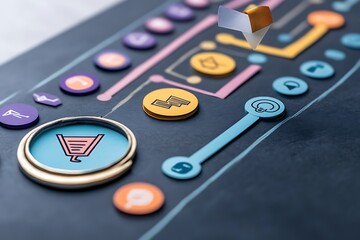 Conceptual overhead view of a shopping cart icon on a colorful board, representing online shopping and e-commerce